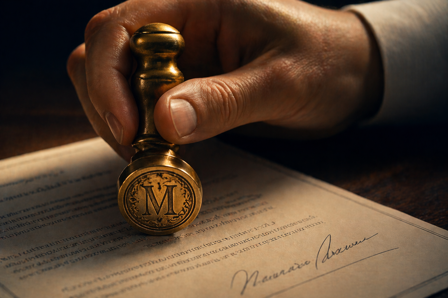 Close-up of a hand pressing a gold serif M seal onto a formal document on a dark wood desk
