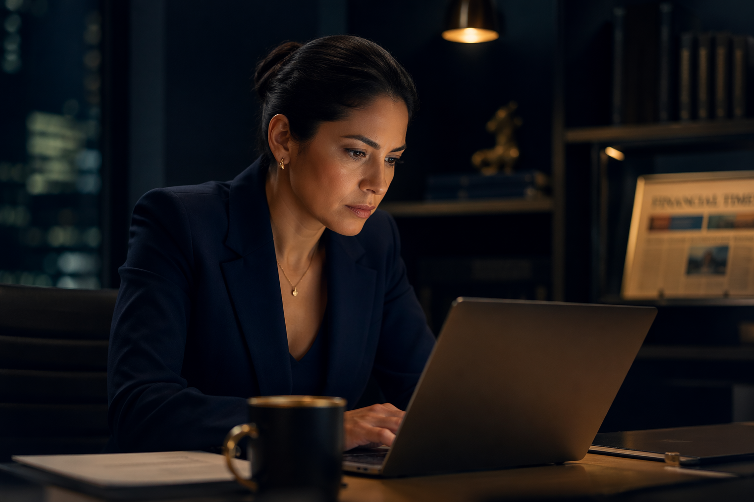 A finance executive leaning forward over a laptop, gold screenlight on her cheek, focused on a monthly report