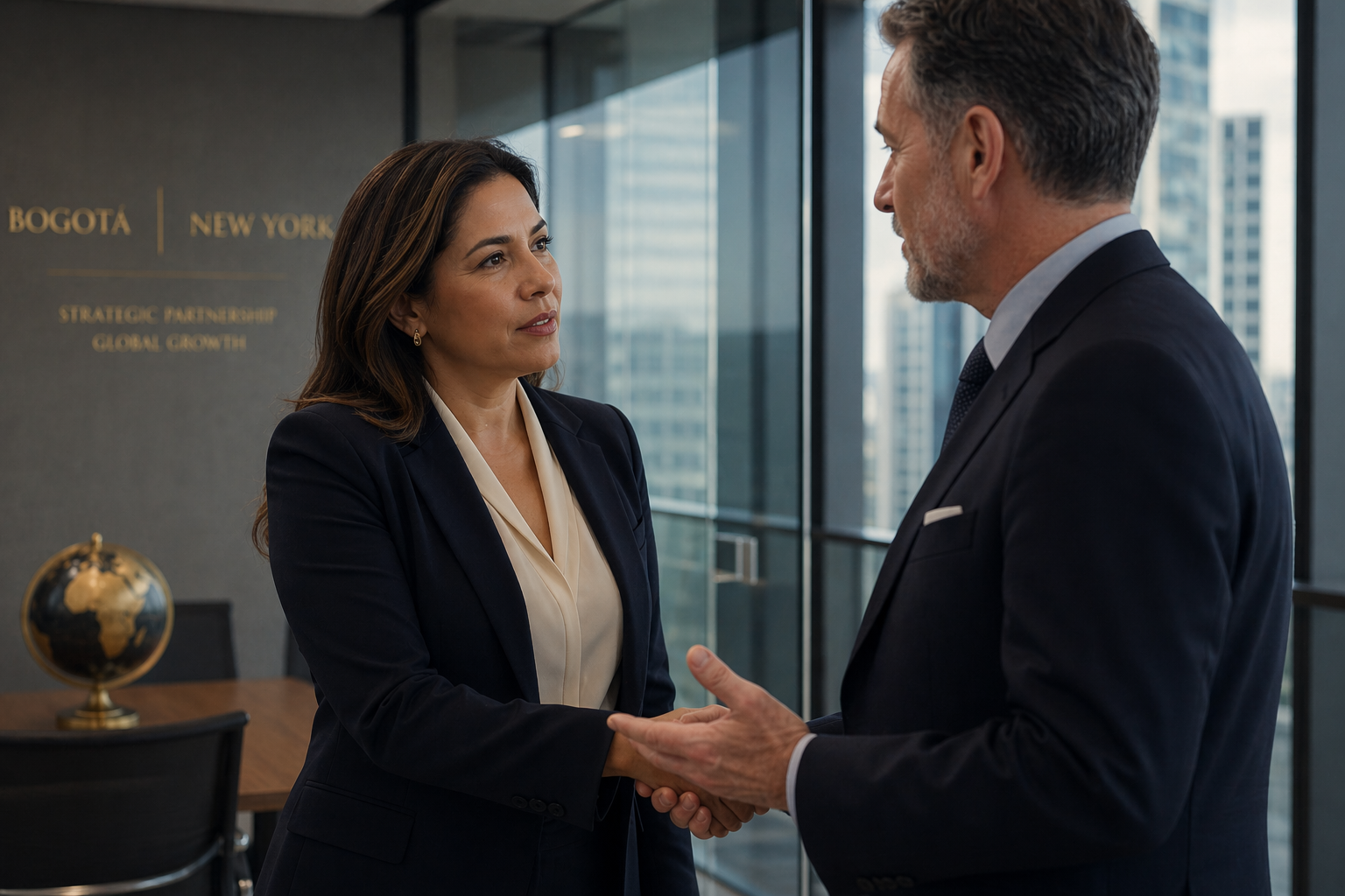 Two business professionals in a modern office, one Colombian and one North American, mid-conversation during a cross-border meeting