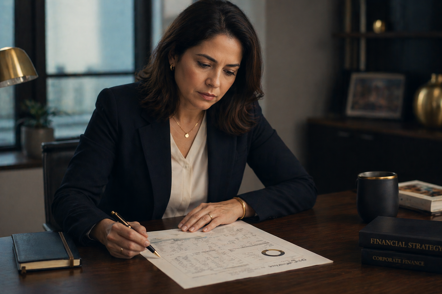 Accountant reviewing a printed monthly report with a pen at a modern desk