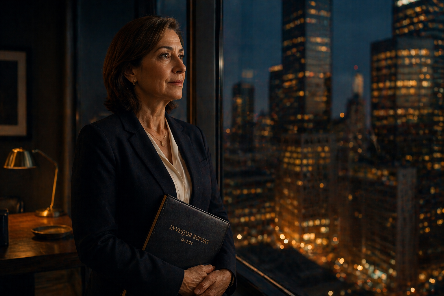 A senior executive by a window overlooking a city skyline at evening, holding a bound investor report