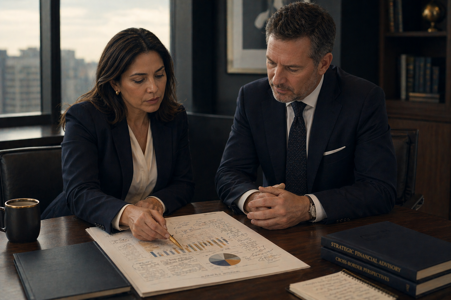 Two professionals side by side reviewing a strategy document with a gold pencil pointing at a chart